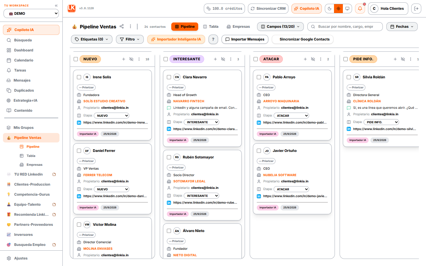 Pipeline de Linkia con contactos por etapas